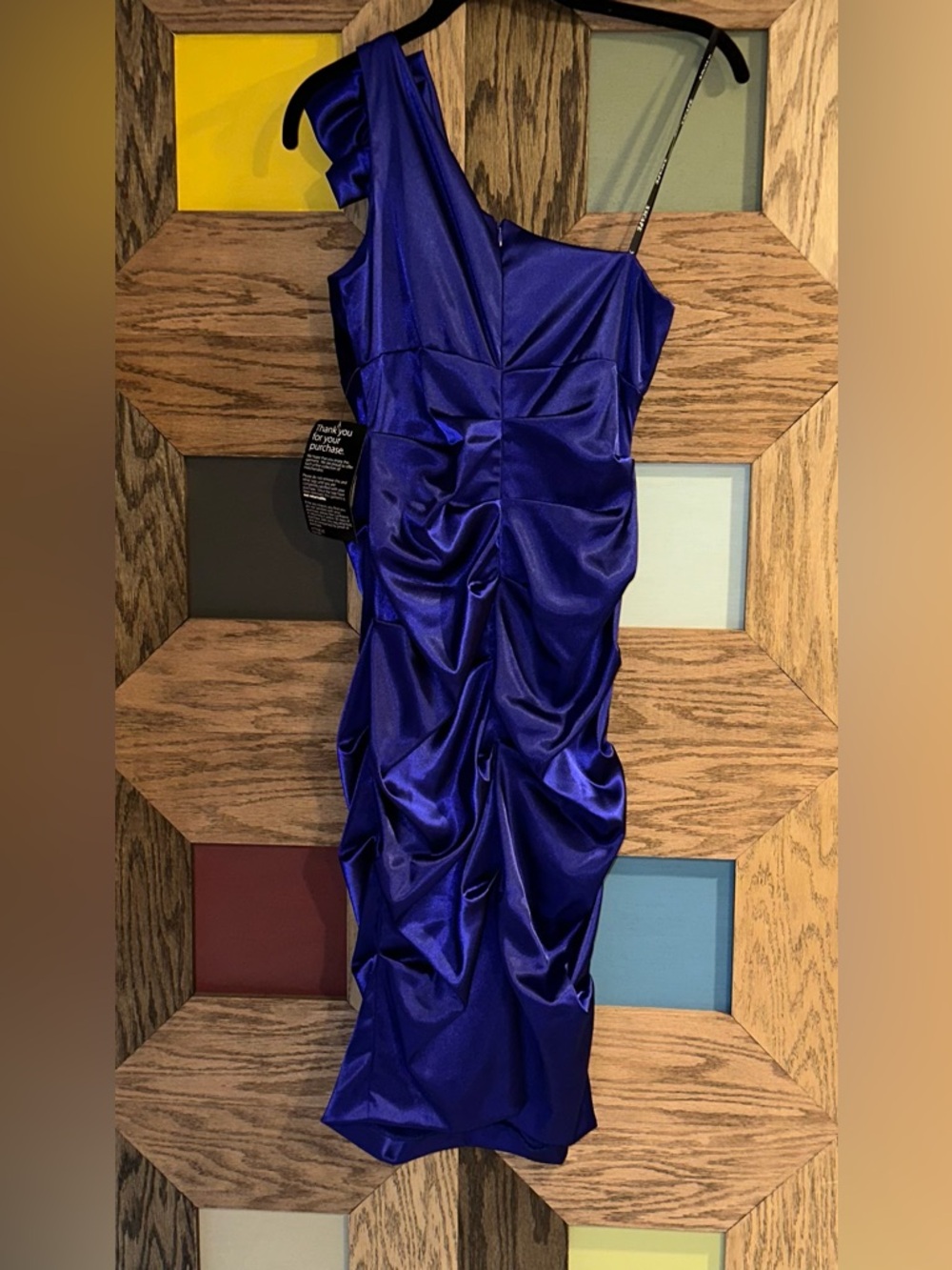 NWT Xscape Cocktail Dress Royal Blue/Purple Ruched One Shoulder Satin Mini Sz 6 - Picture 3 of 12